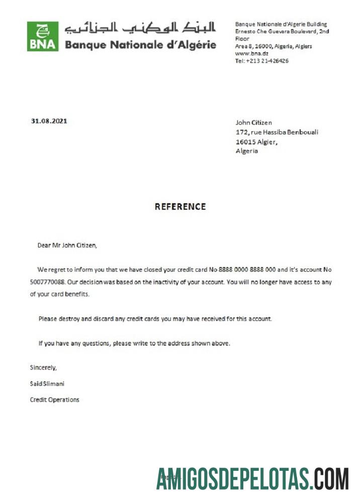 Referência de encerramento do Banque Nationale da Argélia modelo